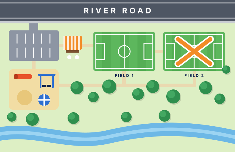 Illustrated map of Riverbend Park: parking, a snack stand, a playground and two fields beside the creek, with Field 2 marked closed