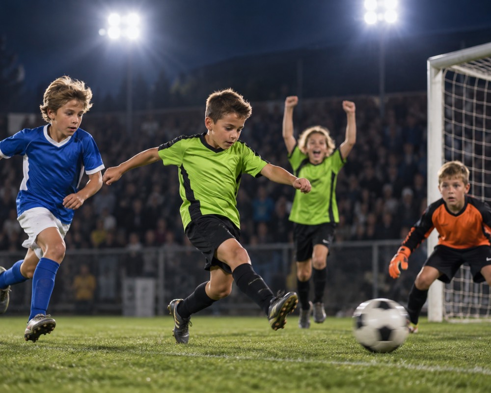 Young players in lime and blue jerseys chase the ball toward the goal under stadium lights, while a teammate celebrates behind them